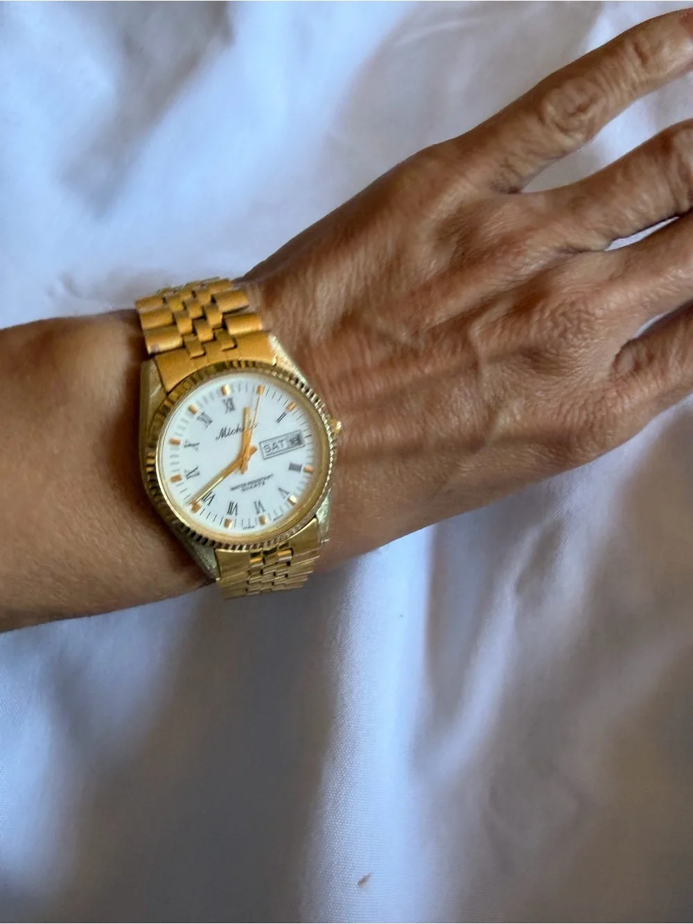 Vintage Michele 33mm Gold Tone Quartz Day Date Watch White Roman Dial - Picture 10 of 15
